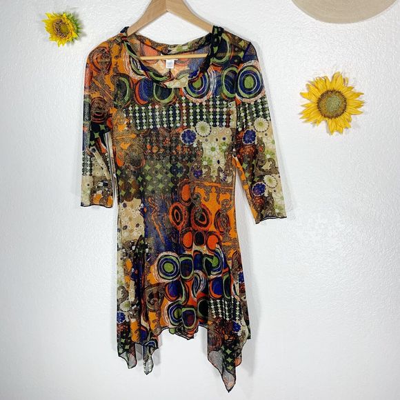 Mirror Image Colorful 3/4 Sleeved Boho Hippy Semi-sheer Dress Sz Small Women’s - Picture 3 of 11